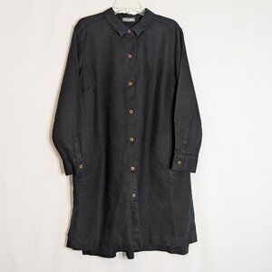 GO SILK Black Linen Long Sleeve Button-Down Shirt Dress; Knee Length; Size 18W